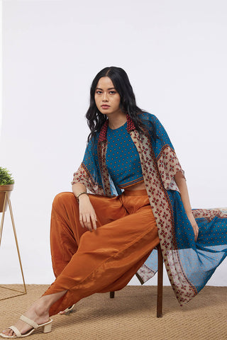 Soup By Sougat Paul-Orange Blue Top With Dhoti And Jacket-INDIASPOPUP.COM