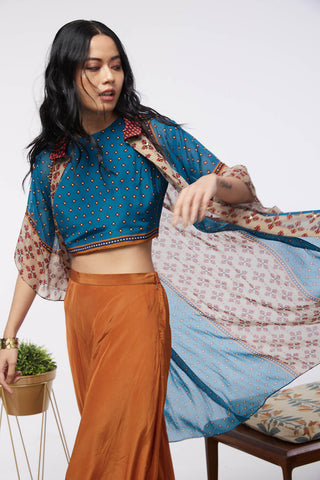 Soup By Sougat Paul-Orange Blue Top With Dhoti And Jacket-INDIASPOPUP.COM