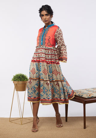 Soup By Sougat Paul-Multicolor Elements Printed Tiered Dress-INDIASPOPUP.COM