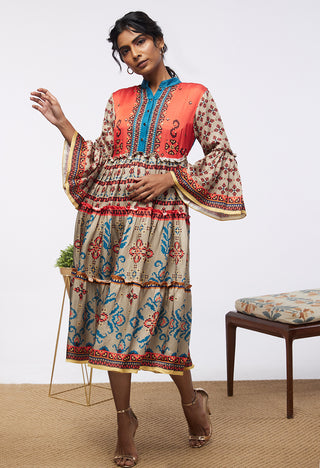 Soup By Sougat Paul-Multicolor Elements Printed Tiered Dress-INDIASPOPUP.COM