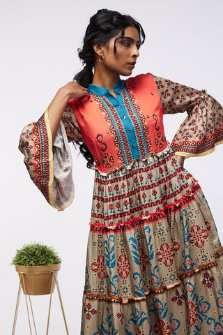 Soup By Sougat Paul-Multicolor Elements Printed Tiered Dress-INDIASPOPUP.COM