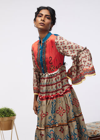 Soup By Sougat Paul-Multicolor Elements Printed Tiered Dress-INDIASPOPUP.COM