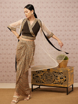 Soup By Sougat Paul-Black Sarouk Printed Drape Skirt With Top And Jacket-INDIASPOPUP.COM