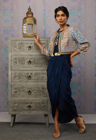 Soup By Sougat Paul-Navy Ikaya Embroidered Drape Dress With Jacket-INDIASPOPUP.COM