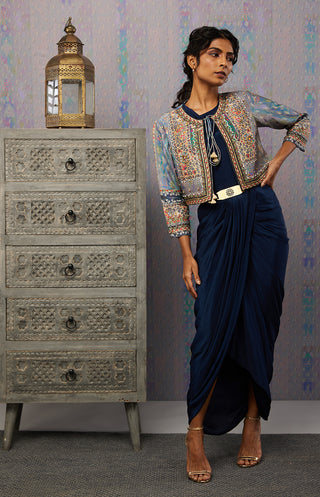 Soup By Sougat Paul-Navy Ikaya Embroidered Drape Dress With Jacket-INDIASPOPUP.COM