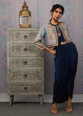 Soup By Sougat Paul-Navy Ikaya Embroidered Drape Dress With Jacket-INDIASPOPUP.COM