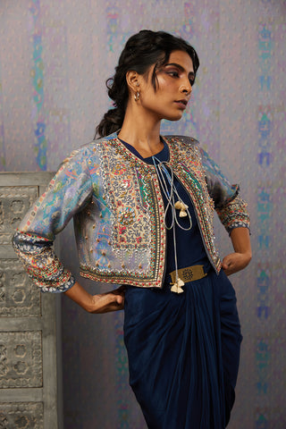 Soup By Sougat Paul-Navy Ikaya Embroidered Drape Dress With Jacket-INDIASPOPUP.COM