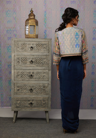 Soup By Sougat Paul-Navy Ikaya Embroidered Drape Dress With Jacket-INDIASPOPUP.COM