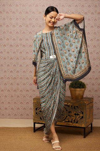 Soup By Sougat Paul-Blue Sarouk Embroidered Drape Dress With Cape-INDIASPOPUP.COM