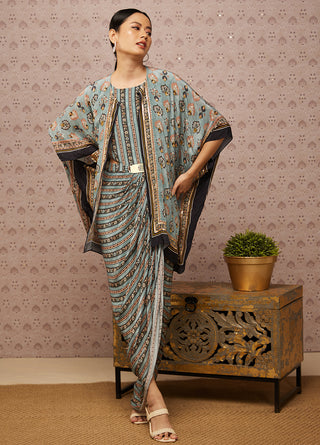 Soup By Sougat Paul-Blue Sarouk Embroidered Drape Dress With Cape-INDIASPOPUP.COM