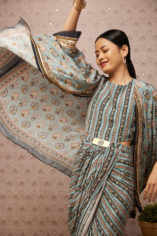 Soup By Sougat Paul-Blue Sarouk Embroidered Drape Dress With Cape-INDIASPOPUP.COM