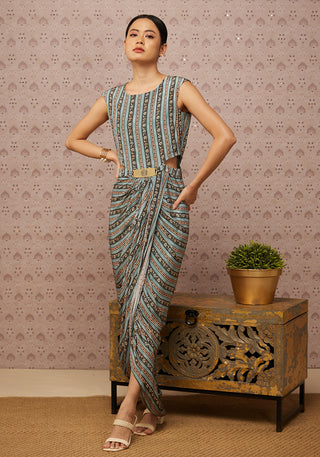 Soup By Sougat Paul-Blue Sarouk Embroidered Drape Dress With Cape-INDIASPOPUP.COM