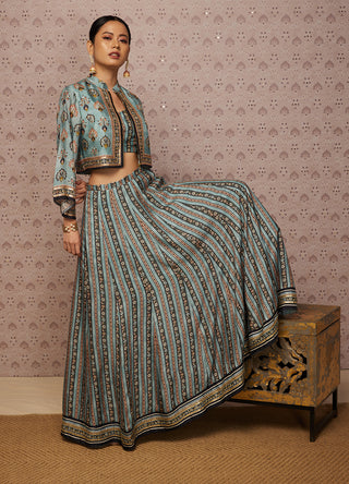 Soup By Sougat Paul-Blue Sarouk Embroidered Lehenga Set With Jacket-INDIASPOPUP.COM
