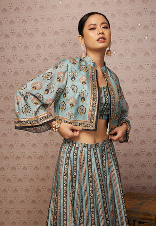 Soup By Sougat Paul-Blue Sarouk Embroidered Lehenga Set With Jacket-INDIASPOPUP.COM