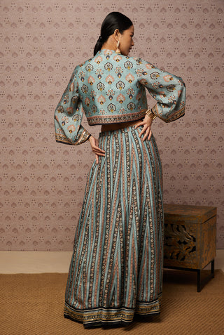 Soup By Sougat Paul-Blue Sarouk Embroidered Lehenga Set With Jacket-INDIASPOPUP.COM