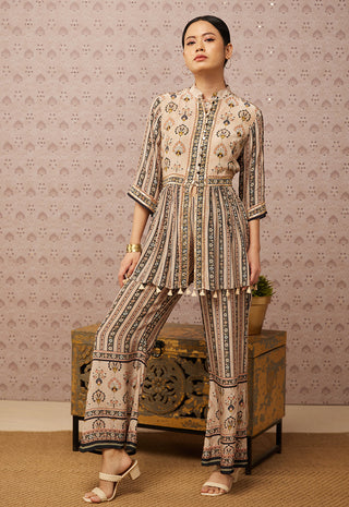 Soup By Sougat Paul-Beige Sarouk Embroidered Kurta With Palazzo-INDIASPOPUP.COM
