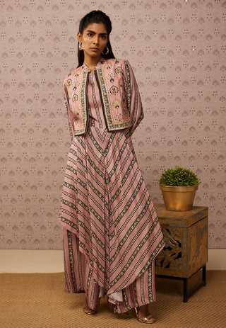 Soup By Sougat Paul-Pink Sarouk Printed Layered Jumpsuit With Jacket-INDIASPOPUP.COM