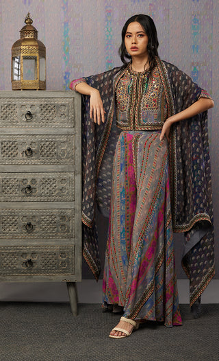 Soup By Sougat Paul-Multicolor Ikaya Printed Top With Bottom And Cape-INDIASPOPUP.COM