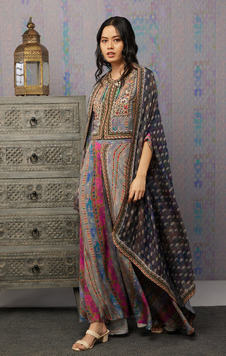 Soup By Sougat Paul-Multicolor Ikaya Printed Top With Bottom And Cape-INDIASPOPUP.COM