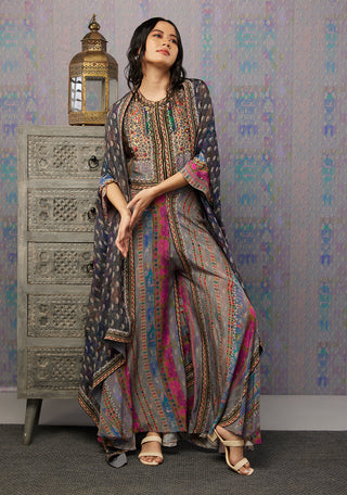 Soup By Sougat Paul-Multicolor Ikaya Printed Top With Bottom And Cape-INDIASPOPUP.COM