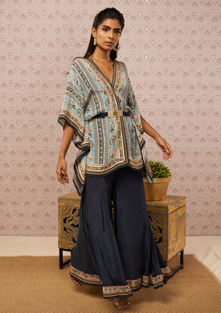 Soup By Sougat Paul-Blue Sarouk Embroidered Kaftan Set With Belt-INDIASPOPUP.COM