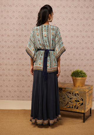 Soup By Sougat Paul-Blue Sarouk Embroidered Kaftan Set With Belt-INDIASPOPUP.COM