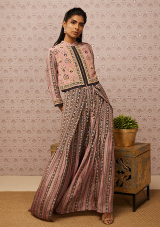 Soup By Sougat Paul-Pink Sarouk Printed Jumpsuit With Jacket-INDIASPOPUP.COM