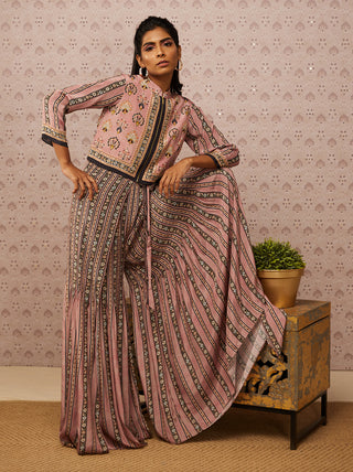 Soup By Sougat Paul-Pink Sarouk Printed Jumpsuit With Jacket-INDIASPOPUP.COM
