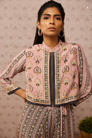 Soup By Sougat Paul-Pink Sarouk Printed Jumpsuit With Jacket-INDIASPOPUP.COM