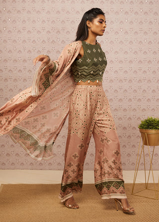 Soup By Sougat Paul-Peach Green Printed Top With Bottom And Jacket-INDIASPOPUP.COM