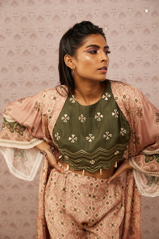 Soup By Sougat Paul-Peach Green Printed Top With Bottom And Jacket-INDIASPOPUP.COM