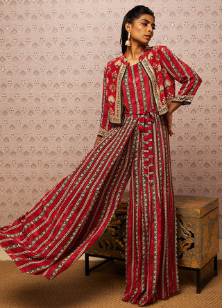 Soup By Sougat Paul-Red Sarouk Printed Jumpsuit With Jacket-INDIASPOPUP.COM