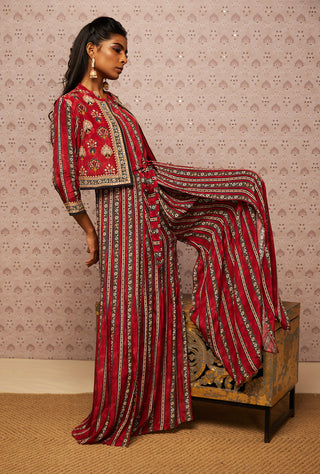Soup By Sougat Paul-Red Sarouk Printed Jumpsuit With Jacket-INDIASPOPUP.COM