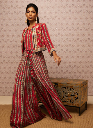 Soup By Sougat Paul-Red Sarouk Printed Jumpsuit With Jacket-INDIASPOPUP.COM