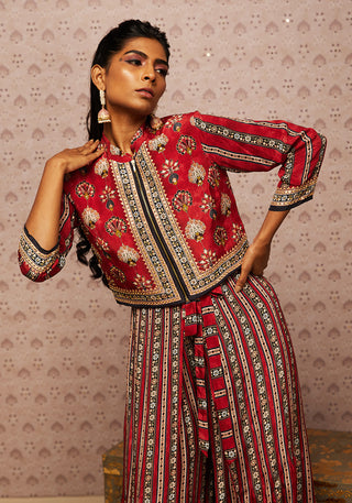 Soup By Sougat Paul-Red Sarouk Printed Jumpsuit With Jacket-INDIASPOPUP.COM