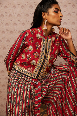 Soup By Sougat Paul-Red Sarouk Printed Jumpsuit With Jacket-INDIASPOPUP.COM