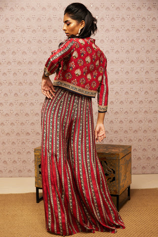 Soup By Sougat Paul-Red Sarouk Printed Jumpsuit With Jacket-INDIASPOPUP.COM