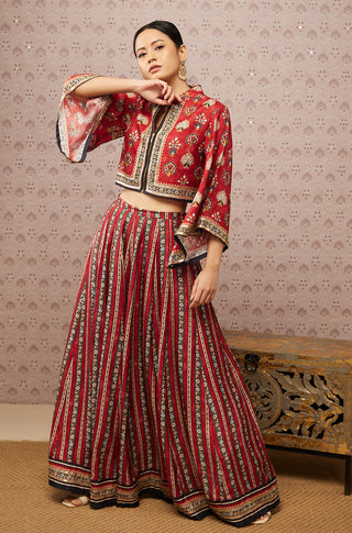 Soup By Sougat Paul-Red Sarouk Embroidered Lehenga With Blouse And Jacket-INDIASPOPUP.COM