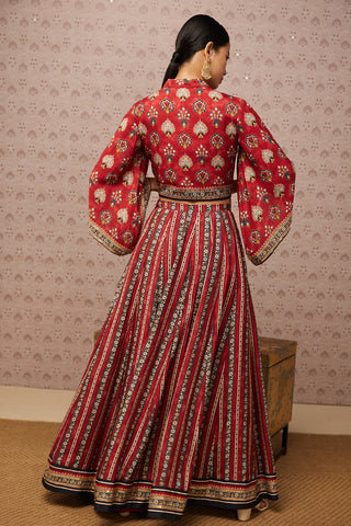 Soup By Sougat Paul-Red Sarouk Embroidered Lehenga With Blouse And Jacket-INDIASPOPUP.COM