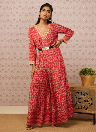 Soup By Sougat Paul-Red Bandhej Printed Jumpsuit With Belt-INDIASPOPUP.COM