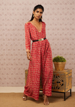Soup By Sougat Paul-Red Bandhej Printed Jumpsuit With Belt-INDIASPOPUP.COM