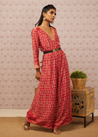 Soup By Sougat Paul-Red Bandhej Printed Jumpsuit With Belt-INDIASPOPUP.COM