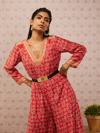Soup By Sougat Paul-Red Bandhej Printed Jumpsuit With Belt-INDIASPOPUP.COM