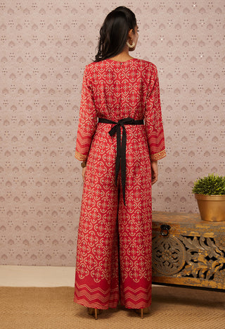 Soup By Sougat Paul-Red Bandhej Printed Jumpsuit With Belt-INDIASPOPUP.COM