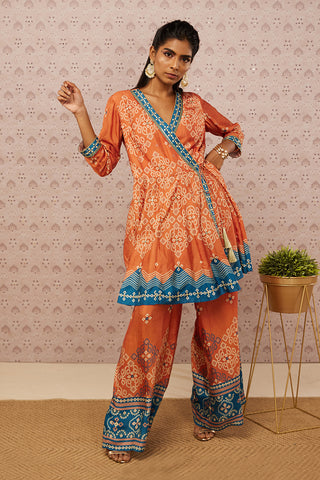 Soup By Sougat Paul-Rust Teal Bandhej Printed Kurta With Pant-INDIASPOPUP.COM