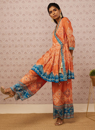 Soup By Sougat Paul-Rust Teal Bandhej Printed Kurta With Pant-INDIASPOPUP.COM