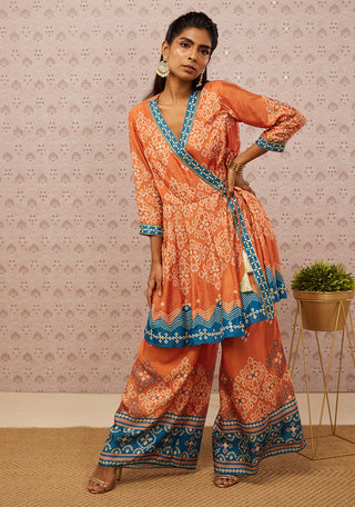 Soup By Sougat Paul-Rust Teal Bandhej Printed Kurta With Pant-INDIASPOPUP.COM