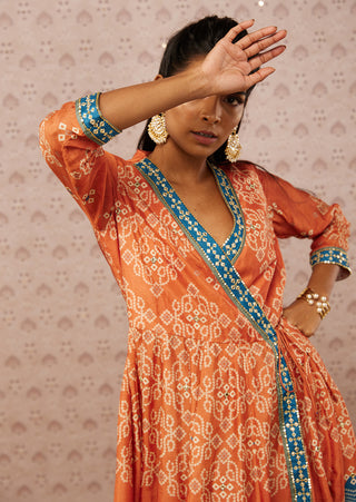 Soup By Sougat Paul-Rust Teal Bandhej Printed Kurta With Pant-INDIASPOPUP.COM