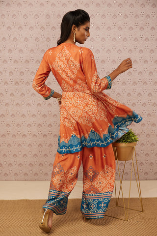 Soup By Sougat Paul-Rust Teal Bandhej Printed Kurta With Pant-INDIASPOPUP.COM