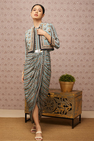 Soup By Sougat Paul-Blue Sarouk Printed Drape Dress With Jacket-INDIASPOPUP.COM